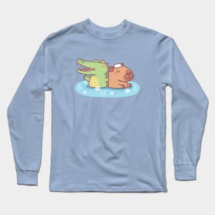 Funny Crocodile And Capybara Chilling In Hot Spring Long Sleeve T-Shirt